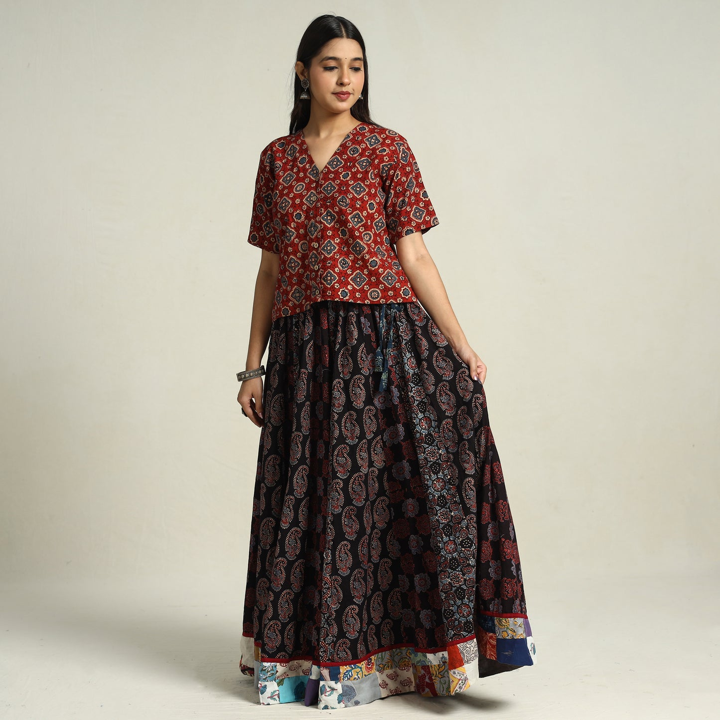 Black - Ajrakh Block Printed 24 Kali Patchwork Cotton Long Skirt 29