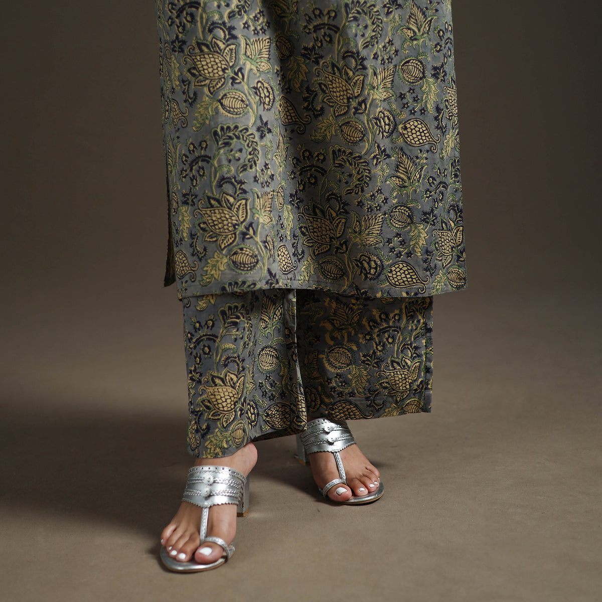 Grey - floral sanganeri print cotton lace work straight