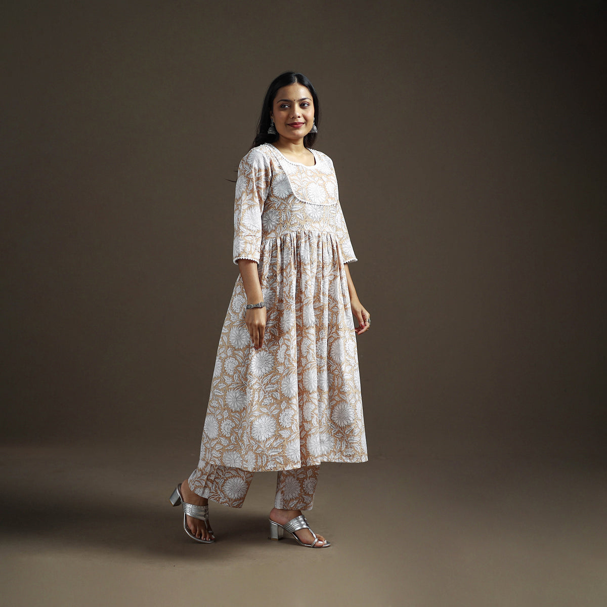 Beige - floral sanganeri print cotton lace work flared