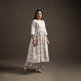Beige - floral sanganeri print cotton lace work flared