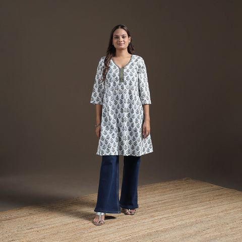 Sequin Work Sanganeri Floral Print Cotton A-Line Kurta for Women 08