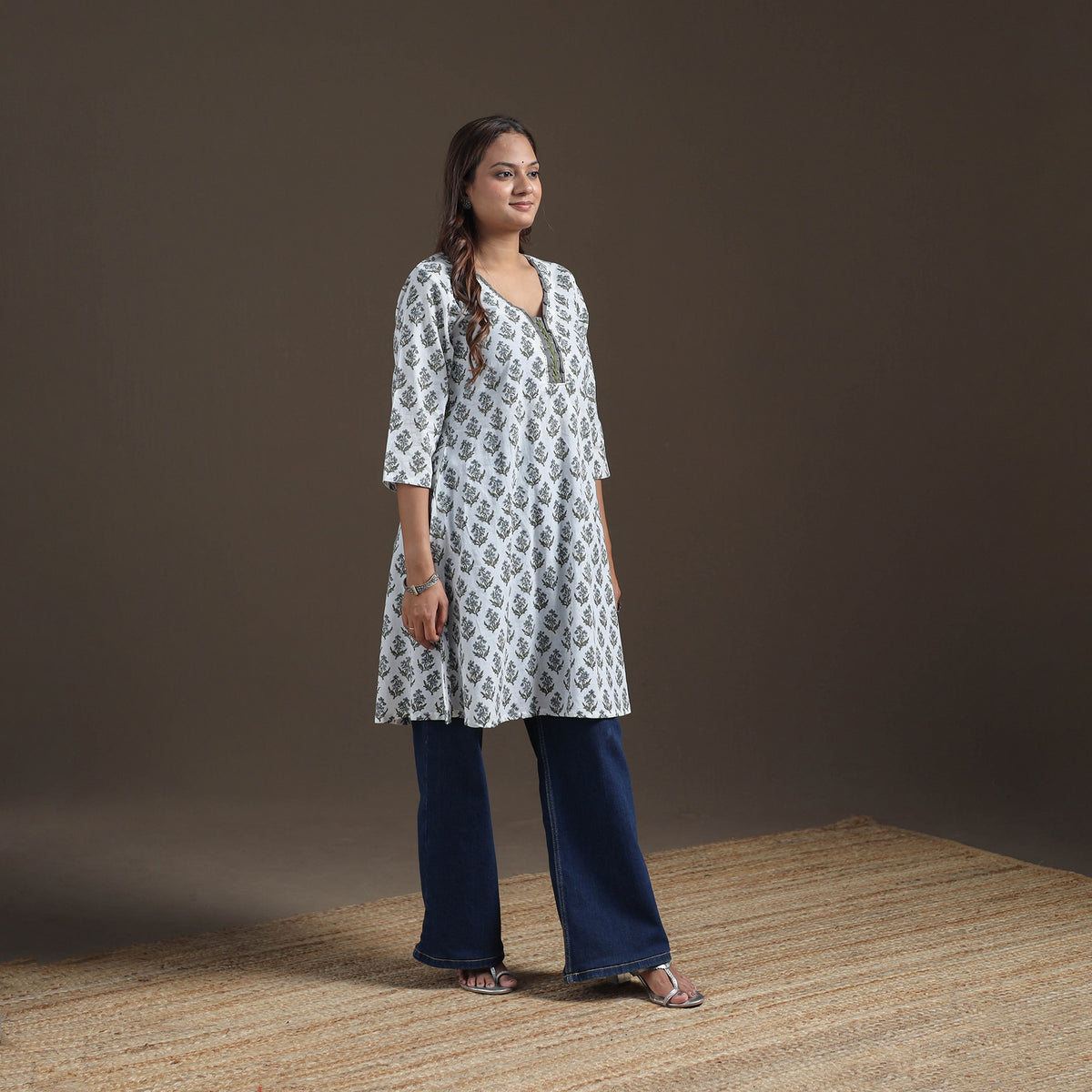 Sequin Work Sanganeri Floral Print Cotton A-Line Kurta for Women 08