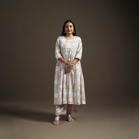 Beige - floral sanganeri print cotton lace work flared