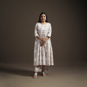 Beige - floral sanganeri print cotton lace work flared