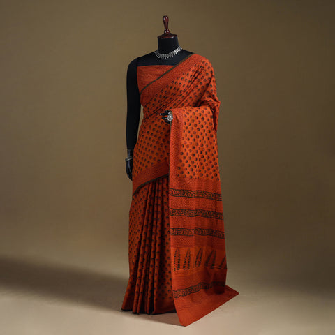 Orange - Gamthi Hand Block Print Pure Mul Cotton Saree with Blouse Piece 59
