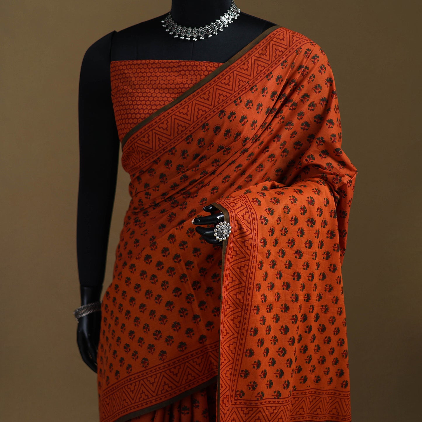 Orange - Gamthi Hand Block Print Pure Mul Cotton Saree with Blouse Piece 59