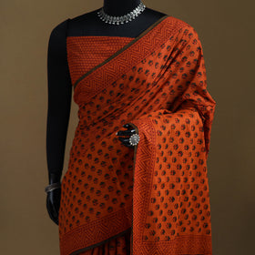 Orange - Gamthi Hand Block Print Pure Mul Cotton Saree with Blouse Piece 59