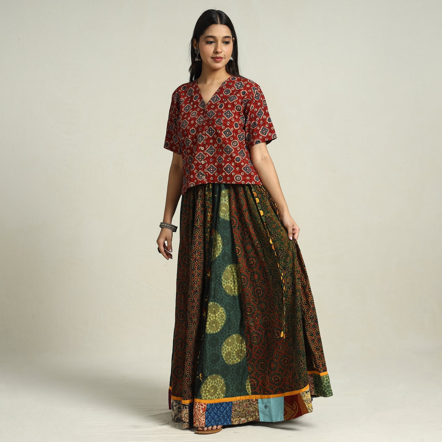 Multicolor - Ajrakh Block Printed 24 Kali Patchwork Cotton Long Skirt 30