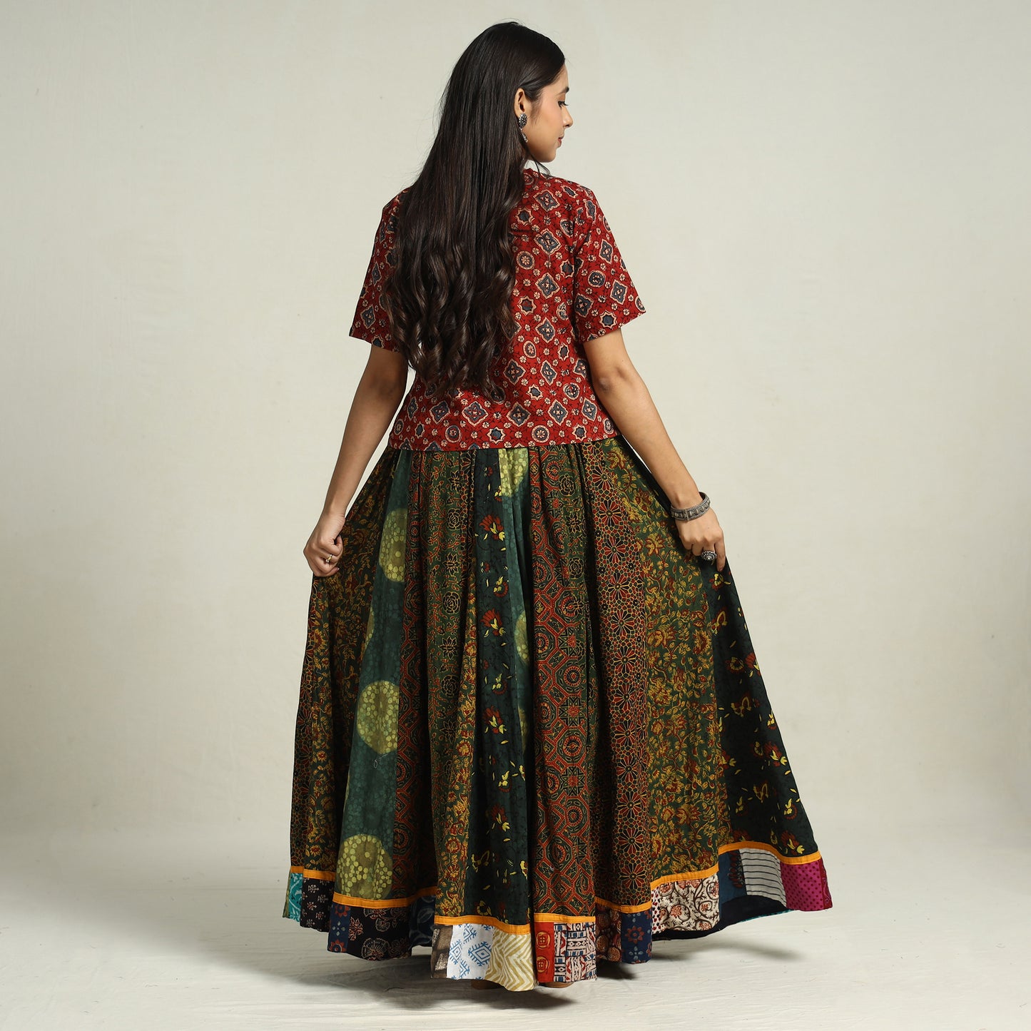 Multicolor - Ajrakh Block Printed 24 Kali Patchwork Cotton Long Skirt 30