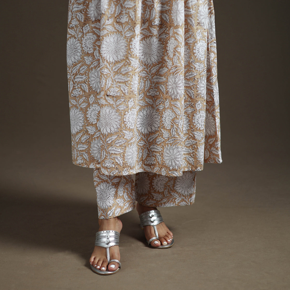 Beige - floral sanganeri print cotton lace work flared