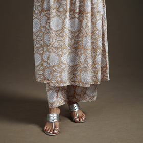 Beige - floral sanganeri print cotton lace work flared