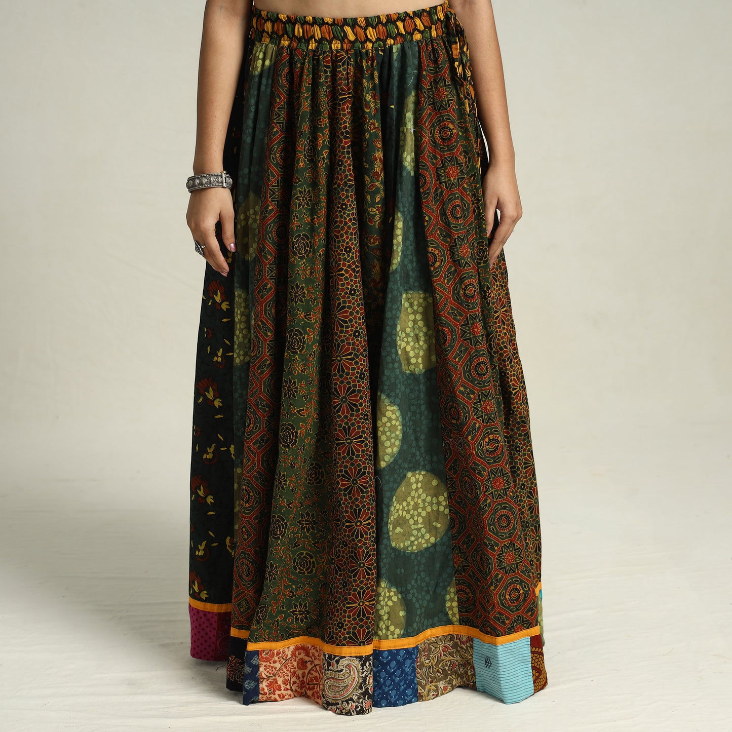 Multicolor - Ajrakh Block Printed 24 Kali Patchwork Cotton Long Skirt 30