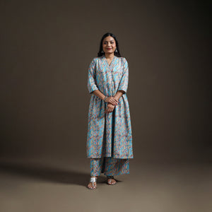 Blue - Floral Sanganeri Print Cotton Flared Kurta with Palazzo Set for women 20