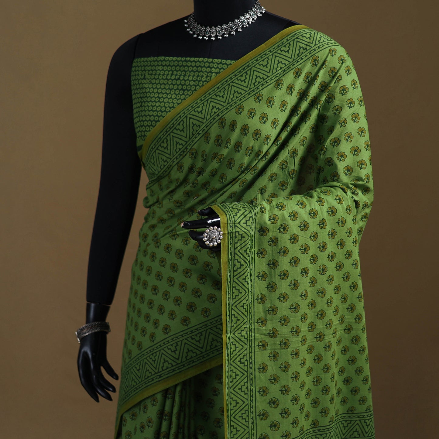 Green - Gamthi Hand Block Print Pure Mul Cotton Saree with Blouse Piece 60