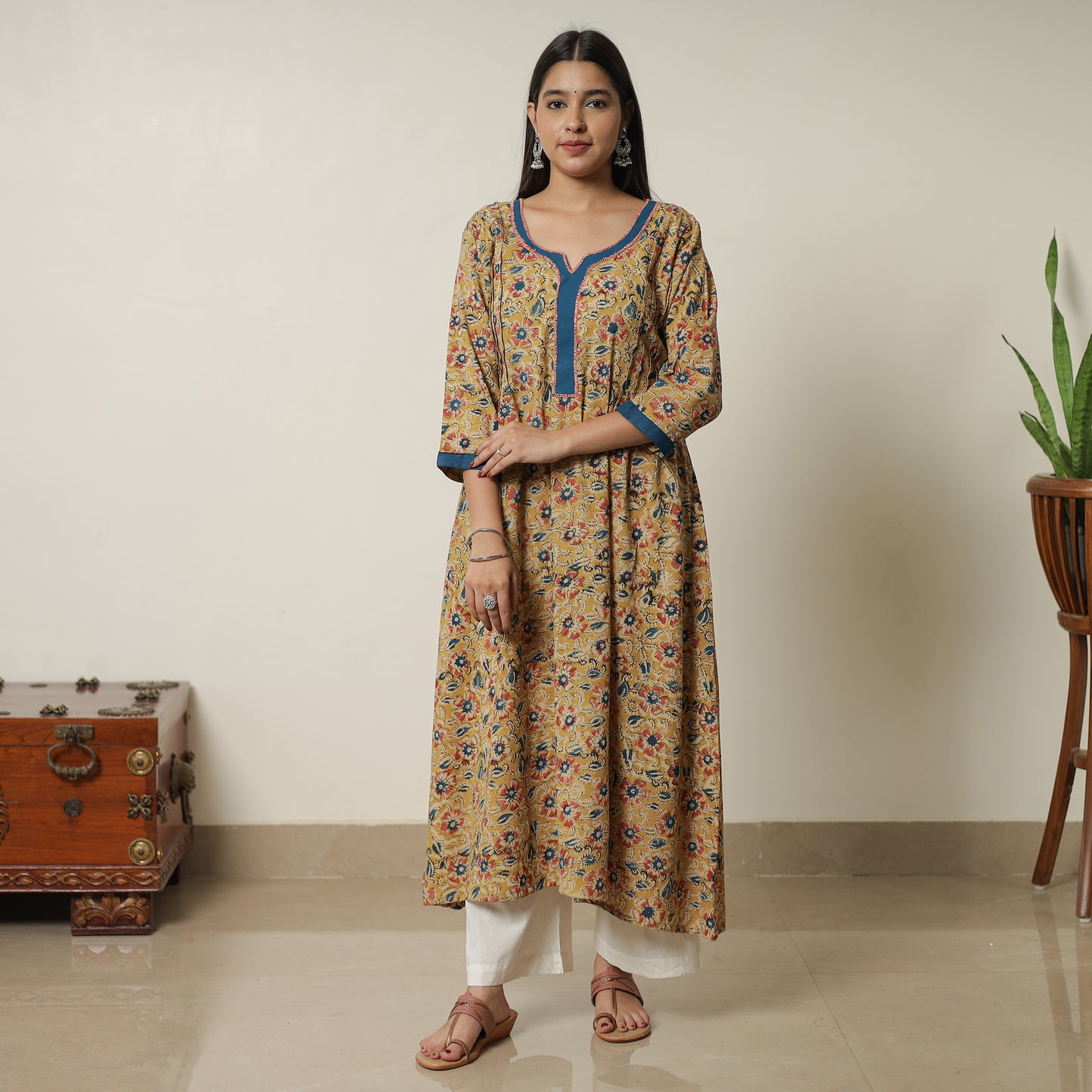 Yellow - Pedana Kalamkari Block Printed Cotton A-Line Kurta with Tagai Work 12