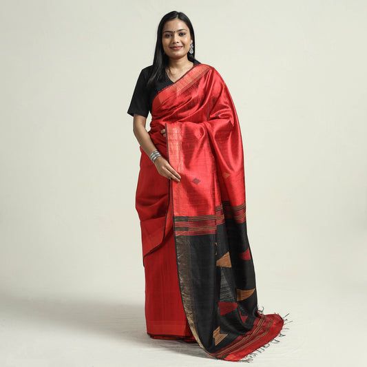 Red - Bhagalpuri Pure Desi Tussar Silk Handloom Saree with Zari Border