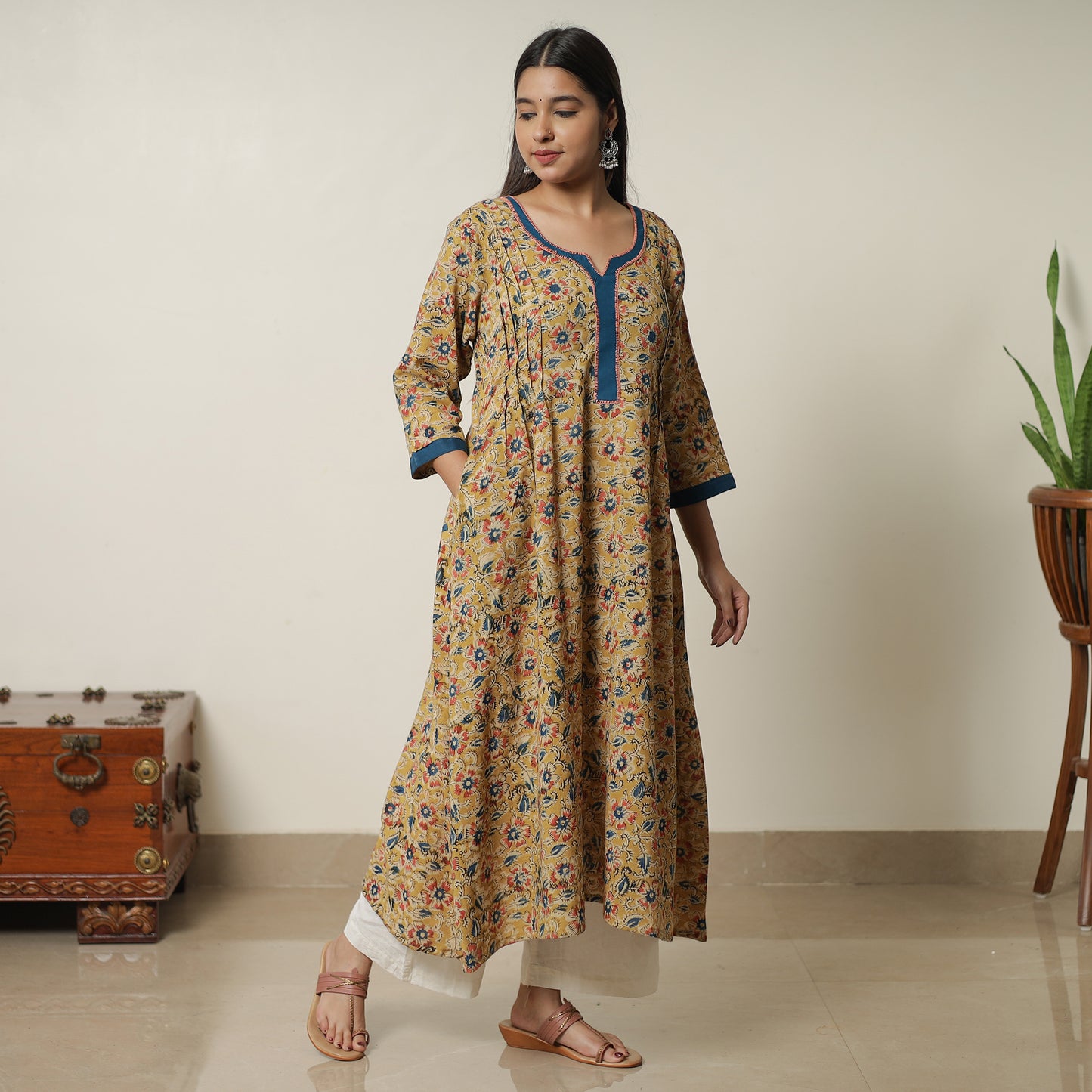 Yellow - Pedana Kalamkari Block Printed Cotton A-Line Kurta with Tagai Work 12