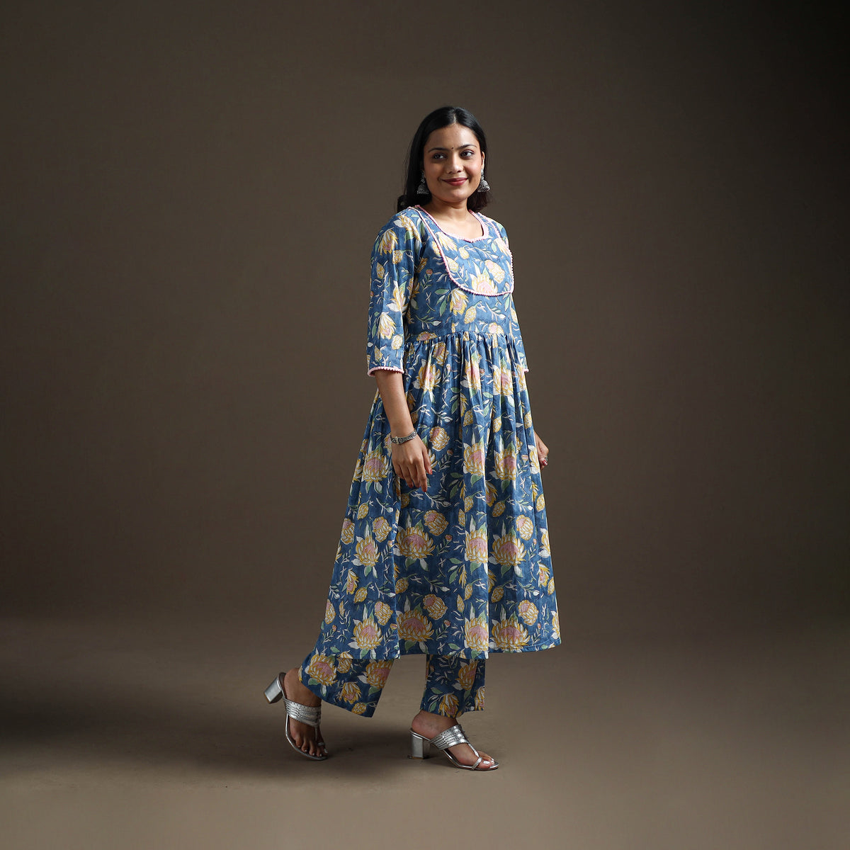 Blue - floral sanganeri print cotton lace work flared kurta