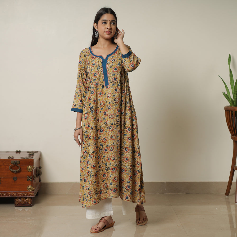 Yellow - Pedana Kalamkari Block Printed Cotton A-Line Kurta with Tagai Work 12