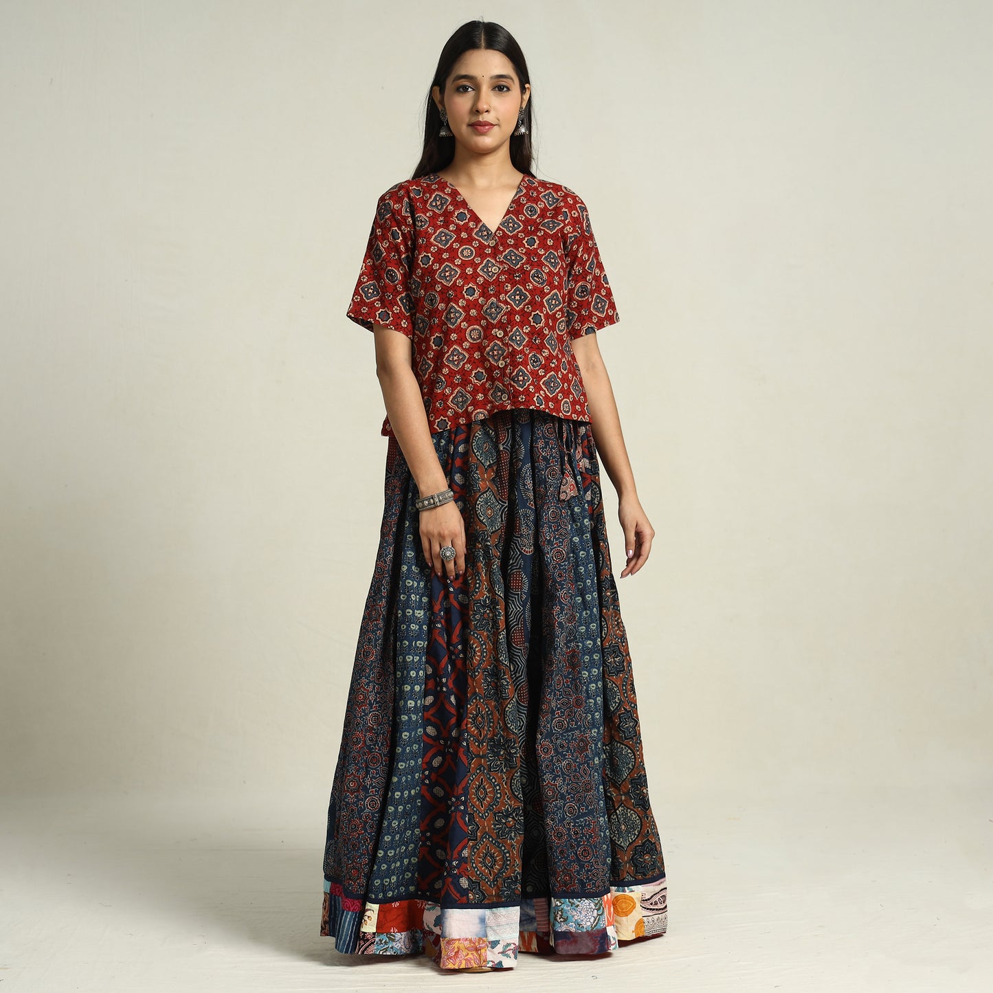 Multicolor - Ajrakh Block Printed 24 Kali Patchwork Cotton Long Skirt 32