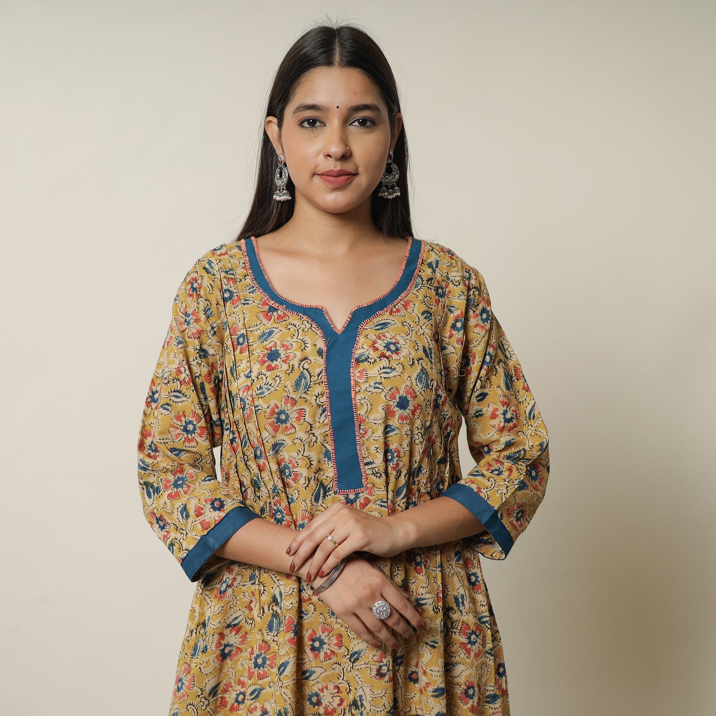 Yellow - Pedana Kalamkari Block Printed Cotton A-Line Kurta with Tagai Work 12