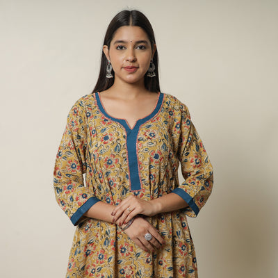 Yellow - Pedana Kalamkari Block Printed Cotton A-Line Kurta with Tagai Work 12