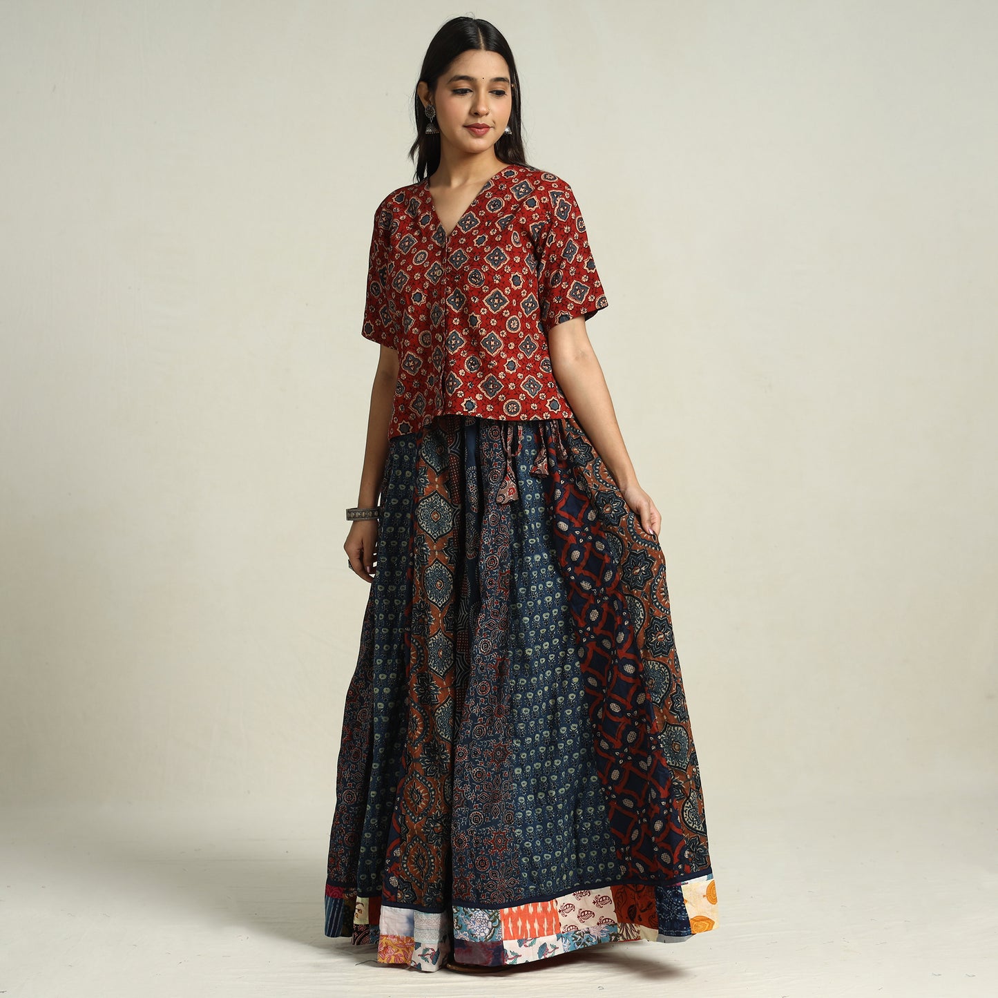 Multicolor - Ajrakh Block Printed 24 Kali Patchwork Cotton Long Skirt 32