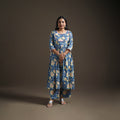 Blue - floral sanganeri print cotton lace work flared kurta