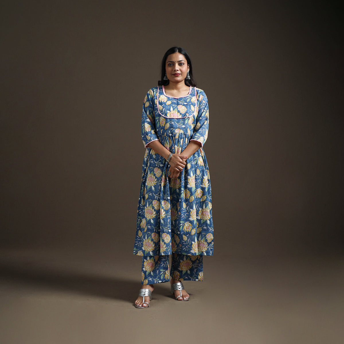 Blue - floral sanganeri print cotton lace work flared kurta