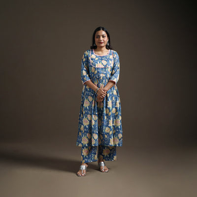Blue - floral sanganeri print cotton lace work flared kurta