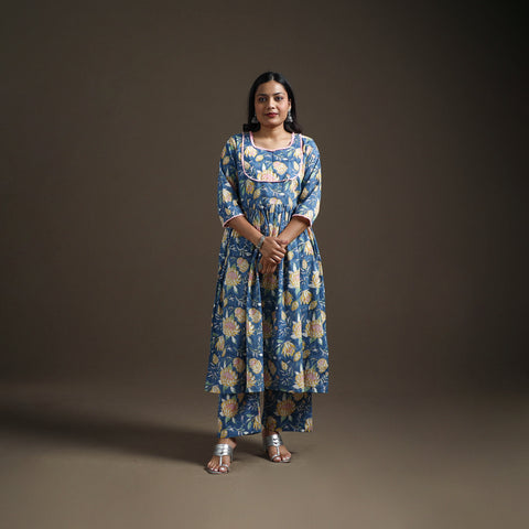 Blue - floral sanganeri print cotton lace work flared kurta