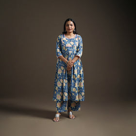 Blue - floral sanganeri print cotton lace work flared kurta