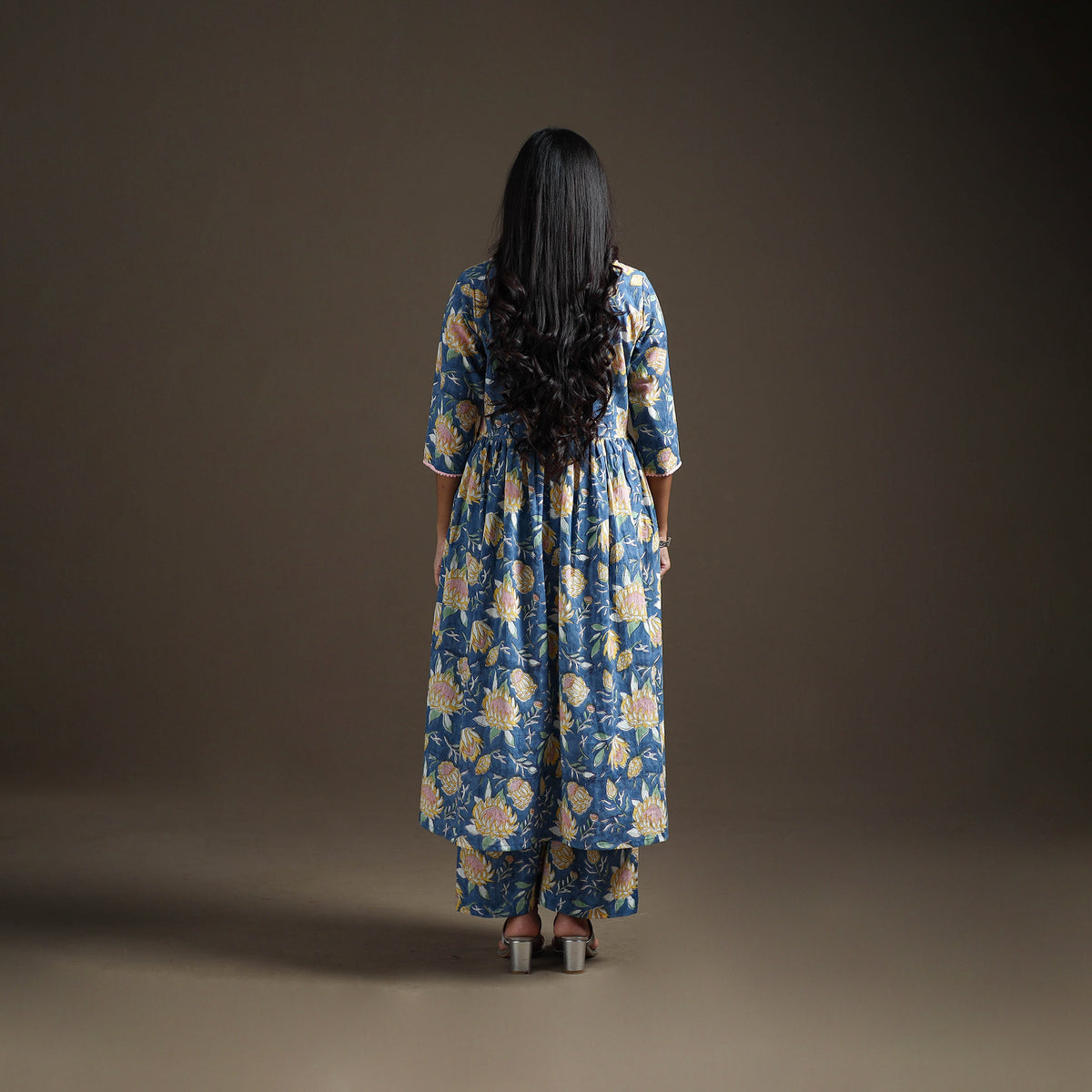 Blue - floral sanganeri print cotton lace work flared kurta
