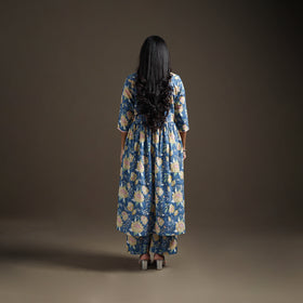 Blue - floral sanganeri print cotton lace work flared kurta