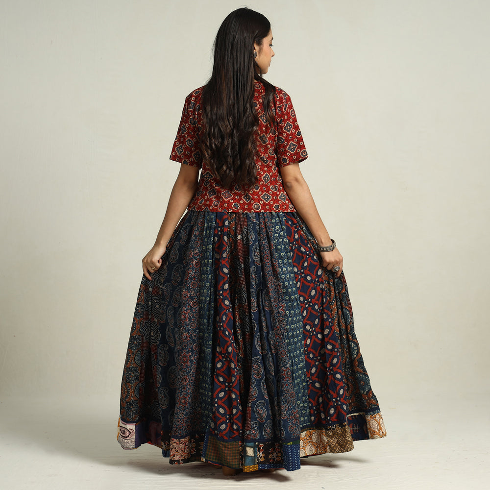 Multicolor - Ajrakh Block Printed 24 Kali Patchwork Cotton Long Skirt 32