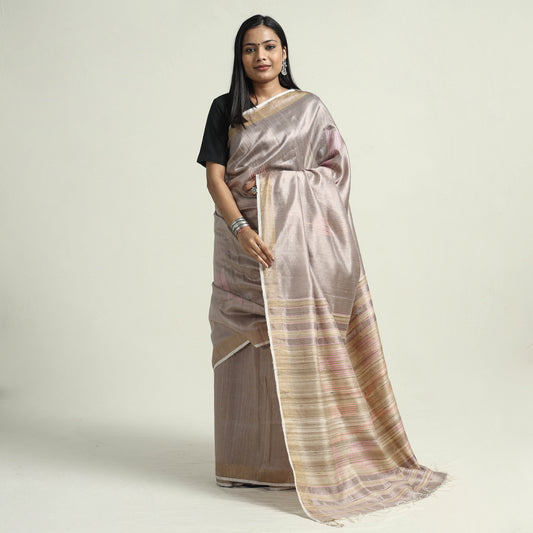 Beige - Bhagalpuri Pure Desi Tussar Silk Handloom Saree with Zari Border