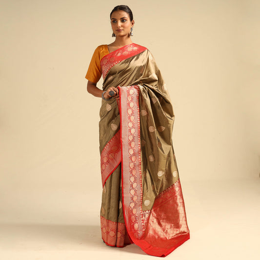 Brown - Banarasi Handloom Pure Katan Silk Kaduwa Zari Buti Saree