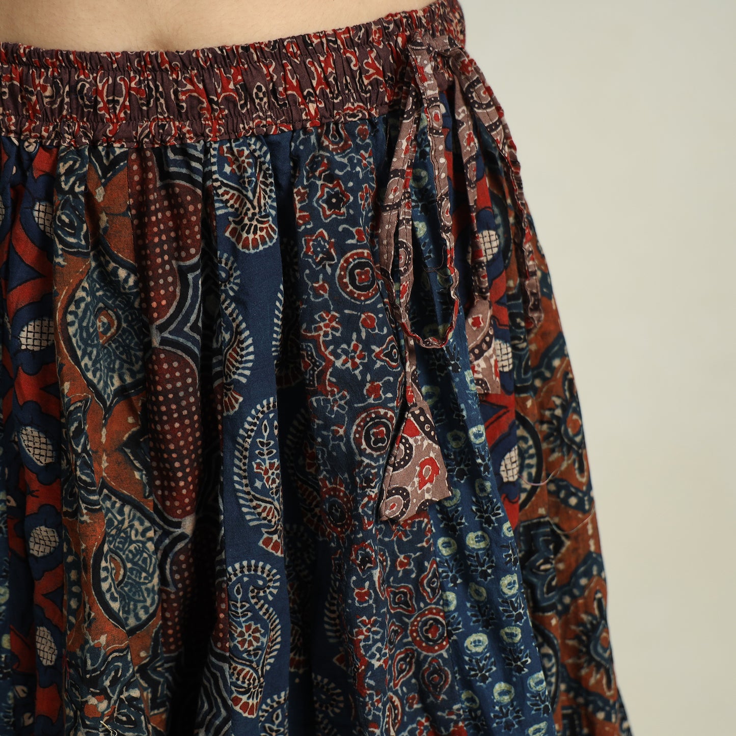 Multicolor - Ajrakh Block Printed 24 Kali Patchwork Cotton Long Skirt 32