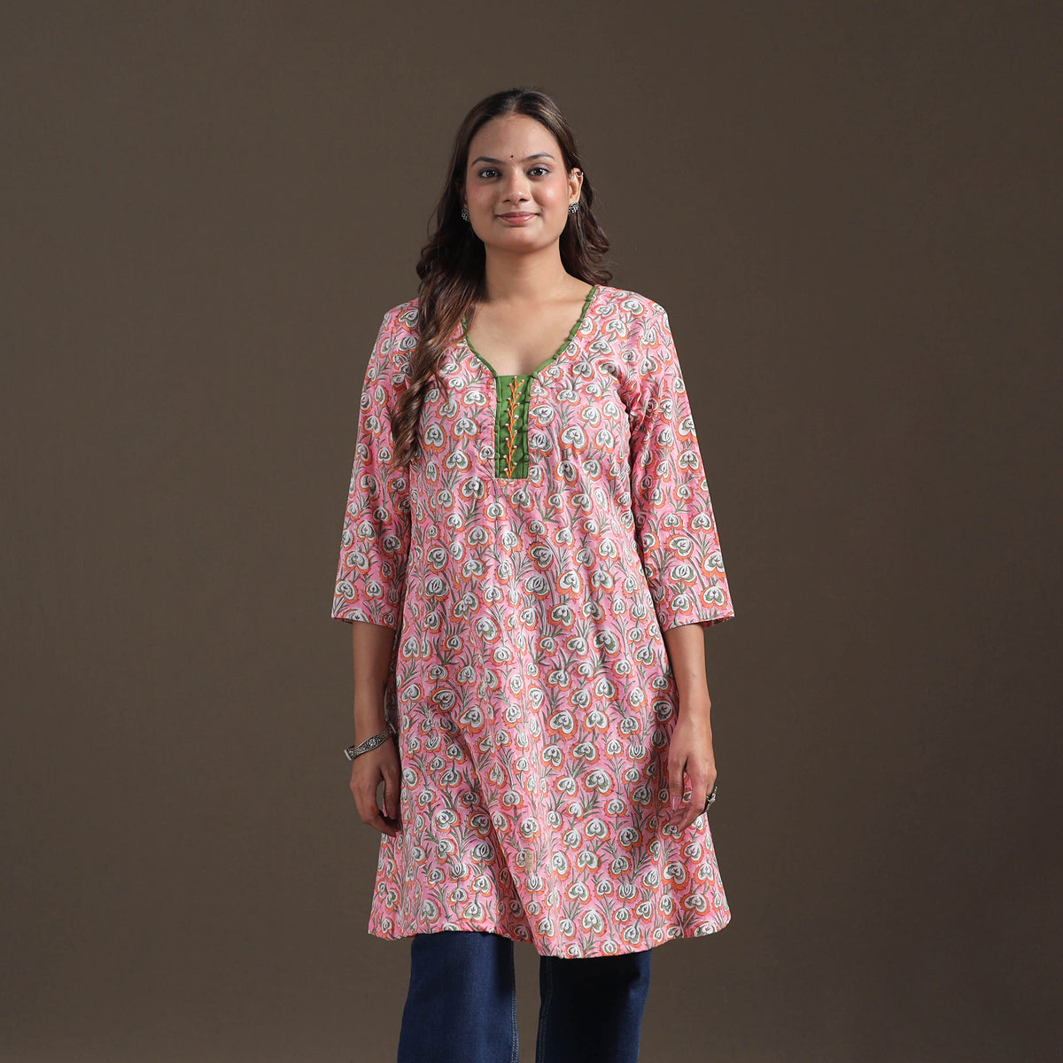 Sequin Work Sanganeri Floral Print Cotton A-Line Kurta for Women 06
