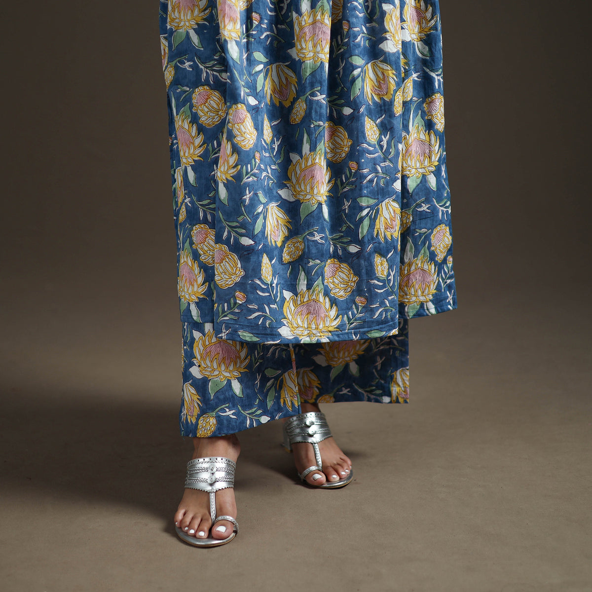 Blue - floral sanganeri print cotton lace work flared kurta
