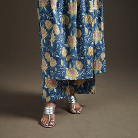 Blue - floral sanganeri print cotton lace work flared kurta