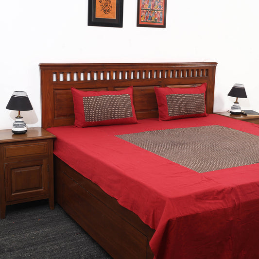 Red - Plain Cotton Double Bed Cover with Block Print Patchwork (94 x 89 In)