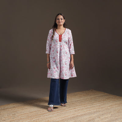 Sequin Work Sanganeri Floral Print Cotton A-Line Kurta for Women 07