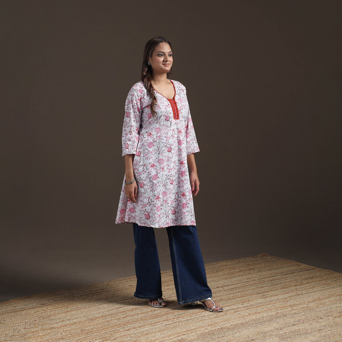 Sequin Work Sanganeri Floral Print Cotton A-Line Kurta for Women 07