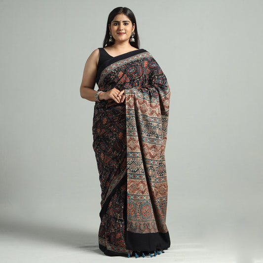 Ajrakh Block Printed Cotton Natural Dyed Saree with Tassels 03