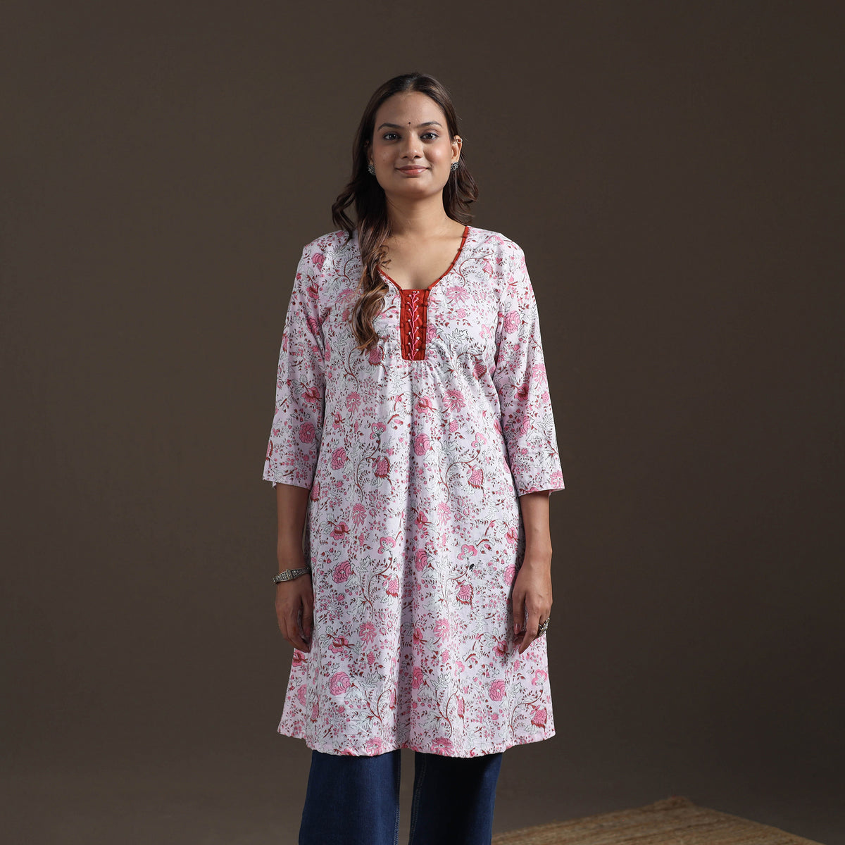 Sequin Work Sanganeri Floral Print Cotton A-Line Kurta for Women 07
