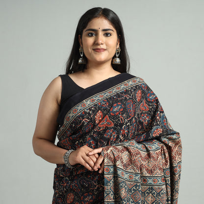 Black - Ajrakh Block Printed Cotton Natural Dyed Saree with Tassels 03