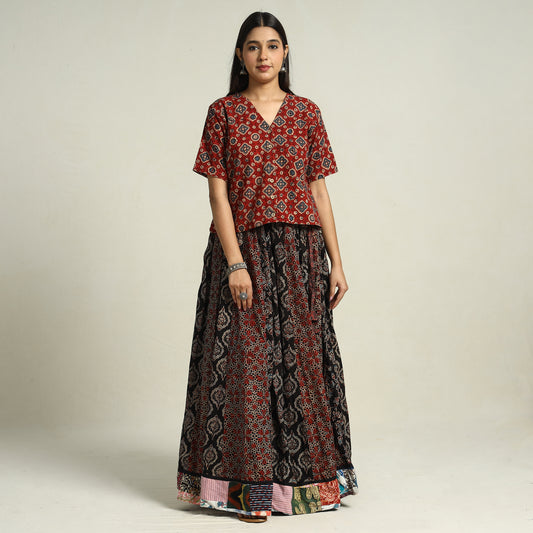 Multicolor - Ajrakh Block Printed 24 Kali Patchwork Cotton Long Skirt 34