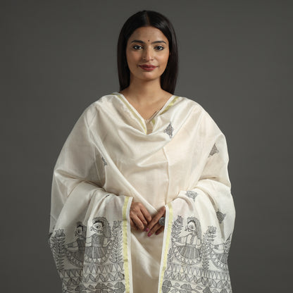 White - Madhubani Handpainted Chanderi Silk Handloom Dupatta 01