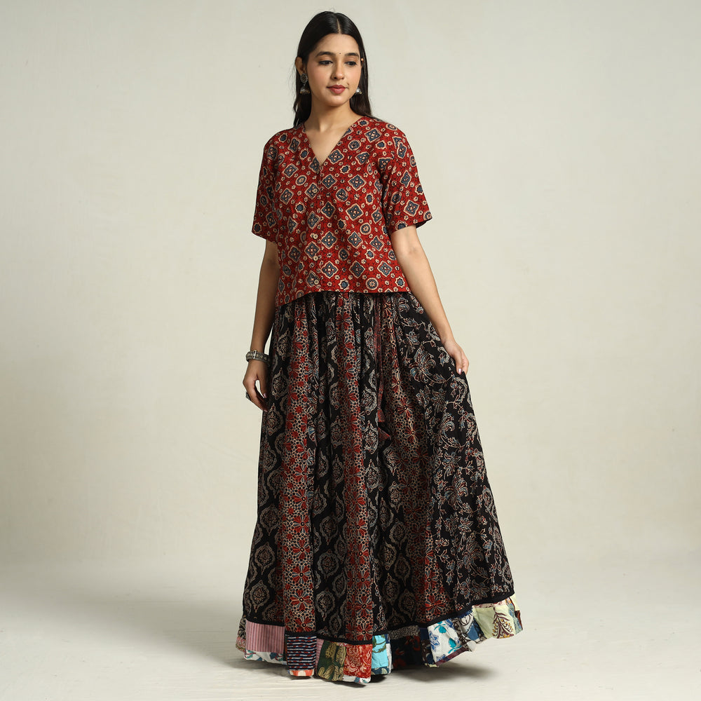 Multicolor - Ajrakh Block Printed 24 Kali Patchwork Cotton Long Skirt 34